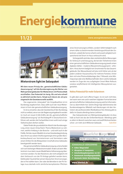 Titelseite der Zeitschrift Energiekommune, Ausgabe 11/23